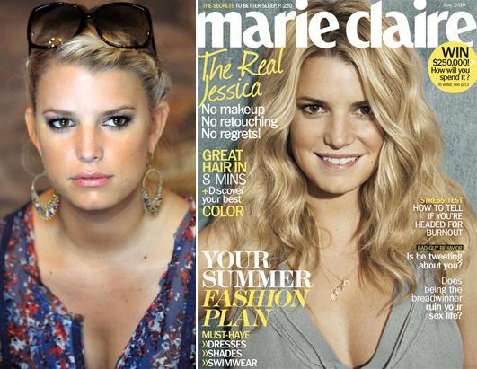  with makeup (left) and then the May 2010 Marie Claire cover without: